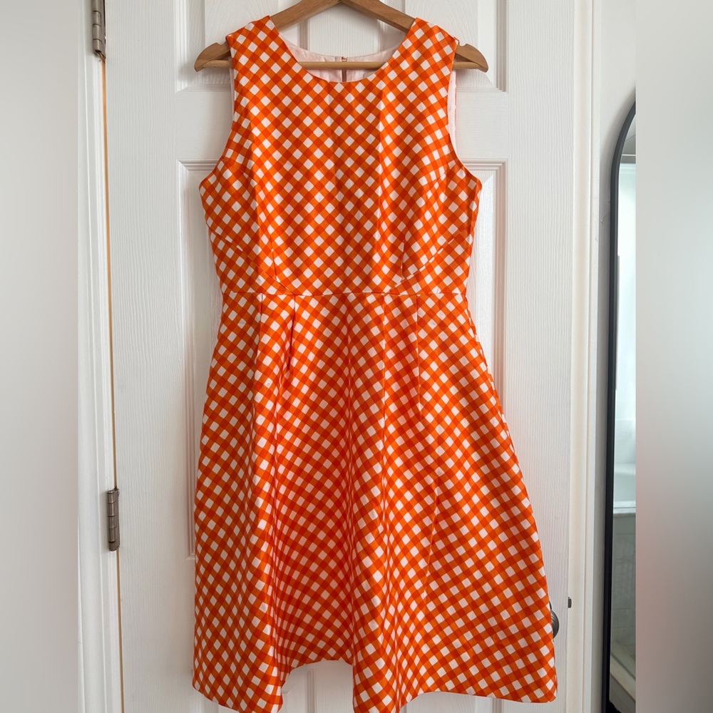 Kate Spade Orange and White Checkered Gingham Silk Midi Dress With Pockets